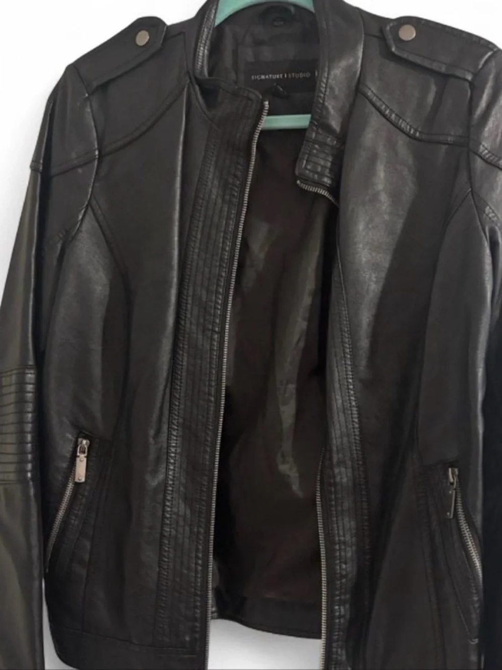 Signature Studio Black Faux Leather Jacket - Minimal Logo Detail